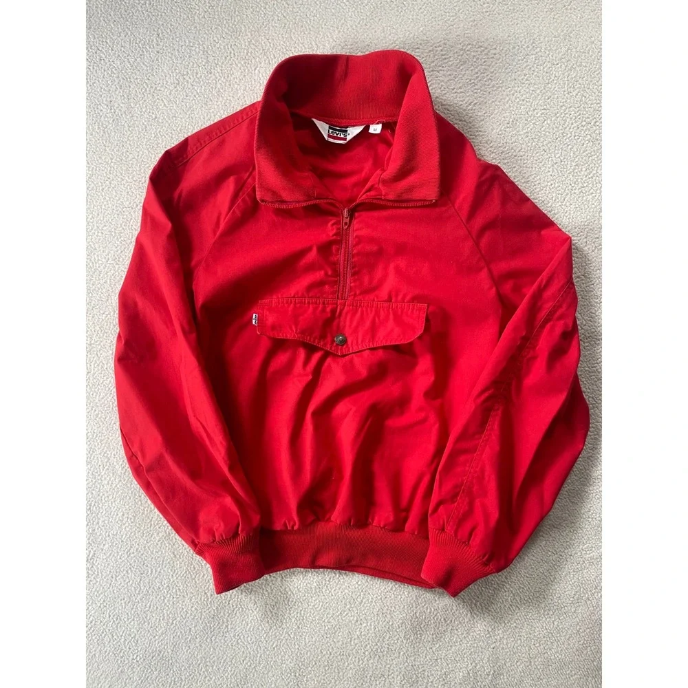 80s Levi's Men Medium Pullover Jacket Red Vintage Quarter Zip Anorak Pocket